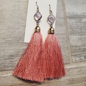 Pink Tassel Earrings with Stone Gold Accents Fringe
